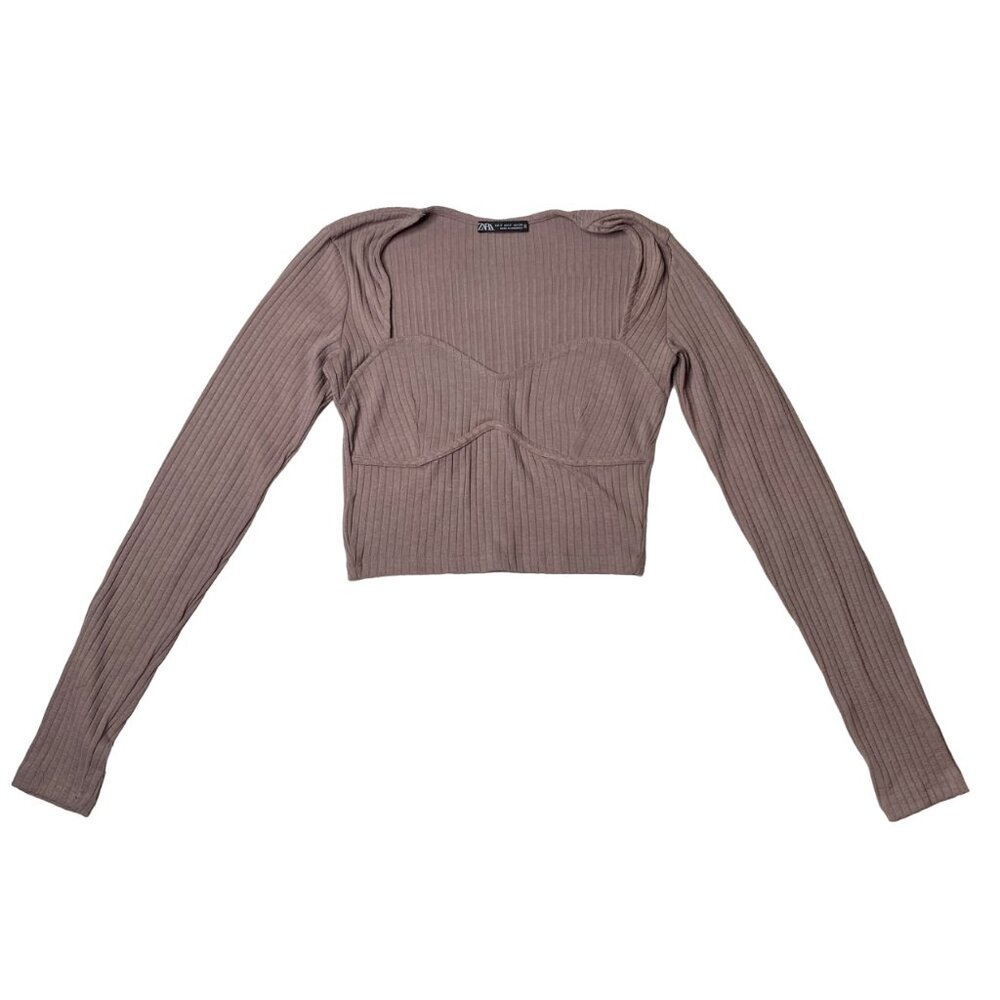 Zara Women's Mauve Ribbed Long Sleeve Crop Top, size Small